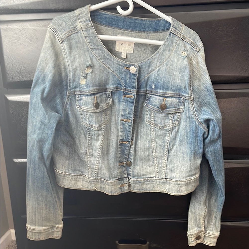 Torrid Blue Cropped Jean Jacket with distressed detail